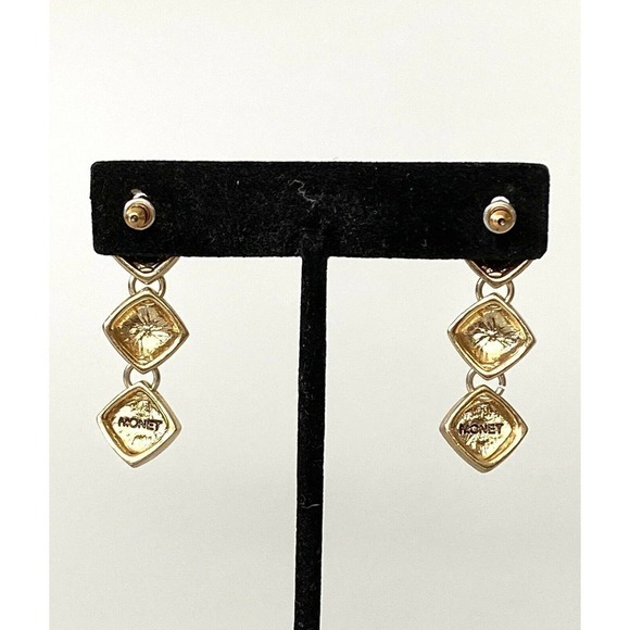 MONET Earrings 90”s Dangles Drops Gold Tone Geometric Signed - Picture 5 of 10